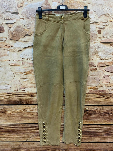 Lange olivbraune Vintage Trachten-Lederhose aus echtem Leder in Größe 42