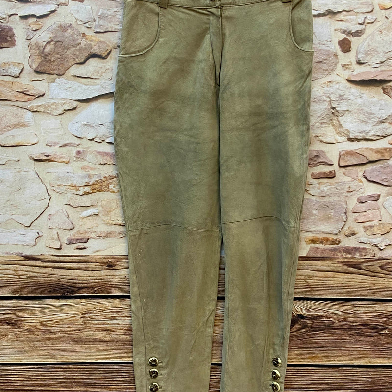 Lange olivbraune Vintage Trachten-Lederhose aus echtem Leder in Größe 42