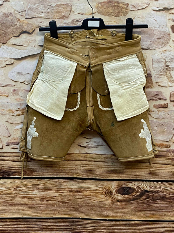 Vintage kurze Lederhose Trachtenhose Hirsch Stickerei beige Gr. 36