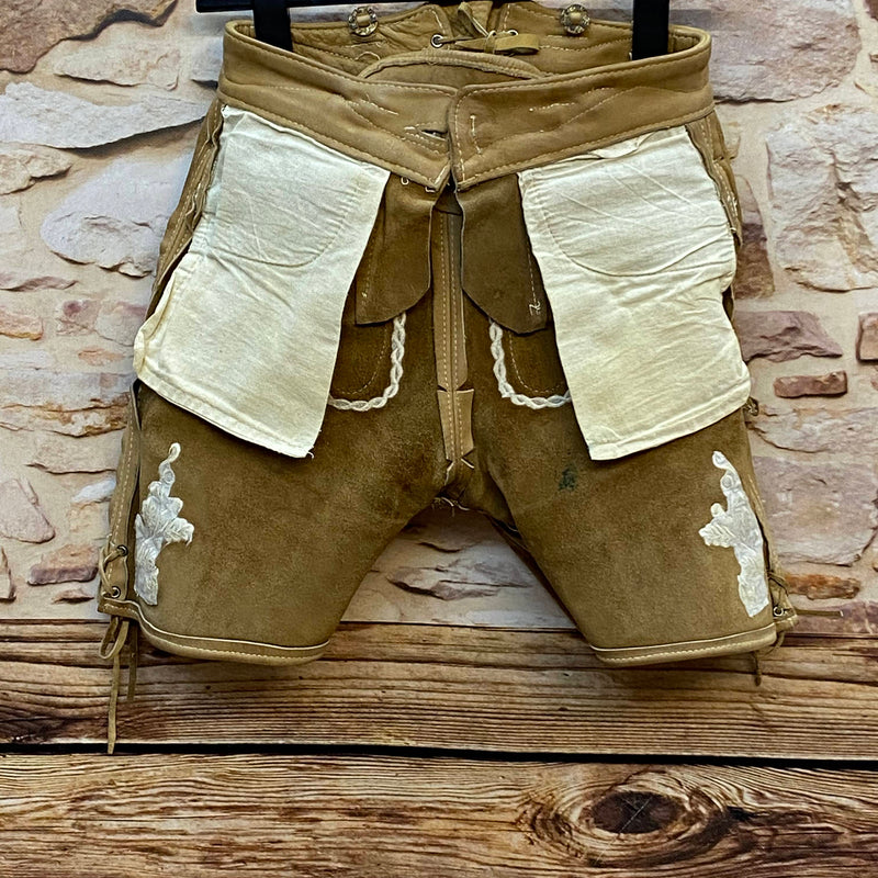 Vintage kurze Lederhose Trachtenhose Hirsch Stickerei beige Gr. 36