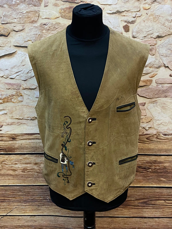 „Vintage Trachten Lederweste Herren braun mit Stickerei Vorderansicht“