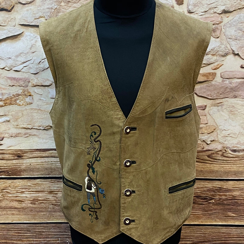 „Vintage Trachten Lederweste Herren braun mit Stickerei Vorderansicht“