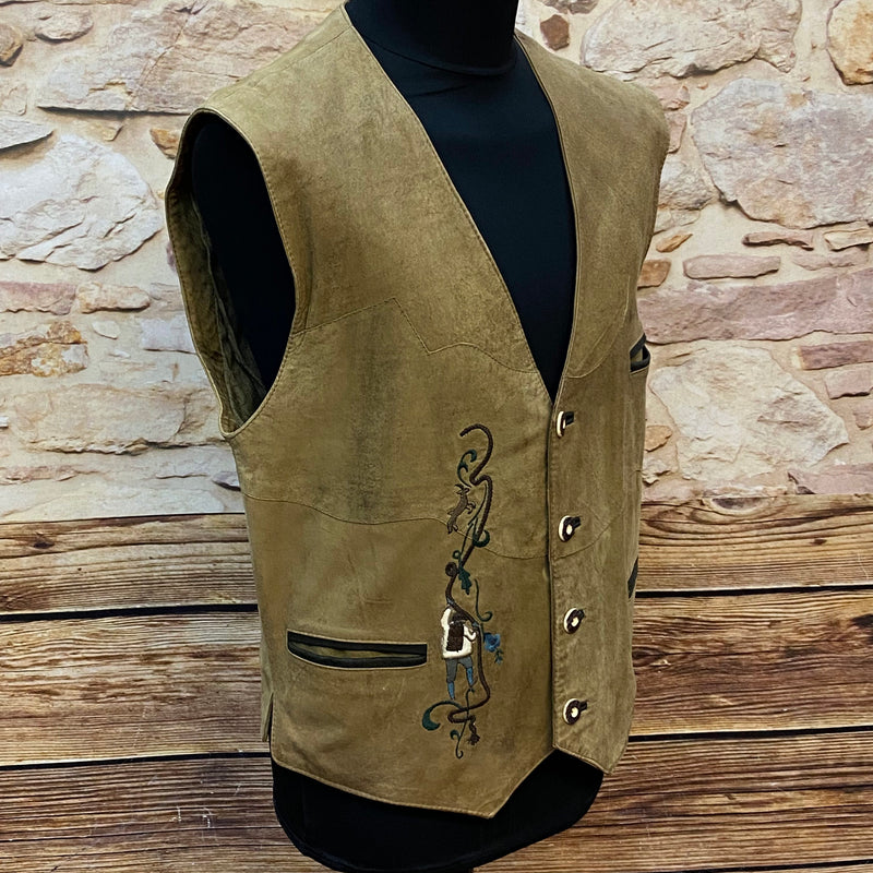 „Herren Lederweste Tracht Vintage seitliche Ansicht Stickerei Detail“