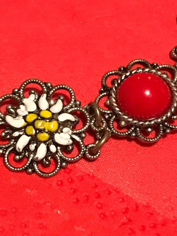 Vintage Trachten ATrachtenarmband Damen – 18 cm, rot/weiß/silber, Edelweiß & Pastesteine, vintagemband Trachtenschmuck Damen