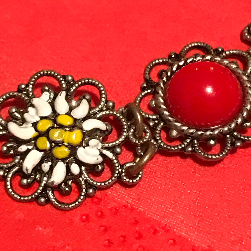 Vintage Trachten ATrachtenarmband Damen – 18 cm, rot/weiß/silber, Edelweiß & Pastesteine, vintagemband Trachtenschmuck Damen
