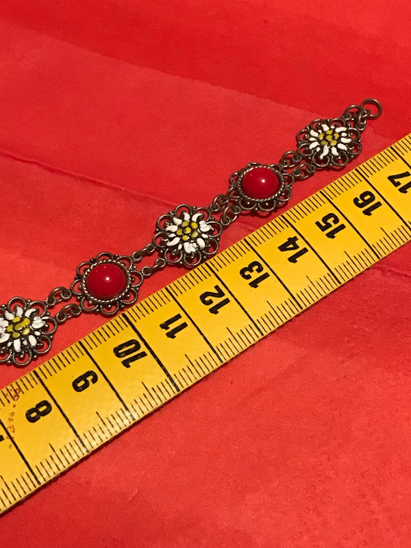 Vintage Trachten ATrachtenarmband Damen – 18 cm, rot/weiß/silber, Edelweiß & Pastesteine, vintagemband Trachtenschmuck Damen