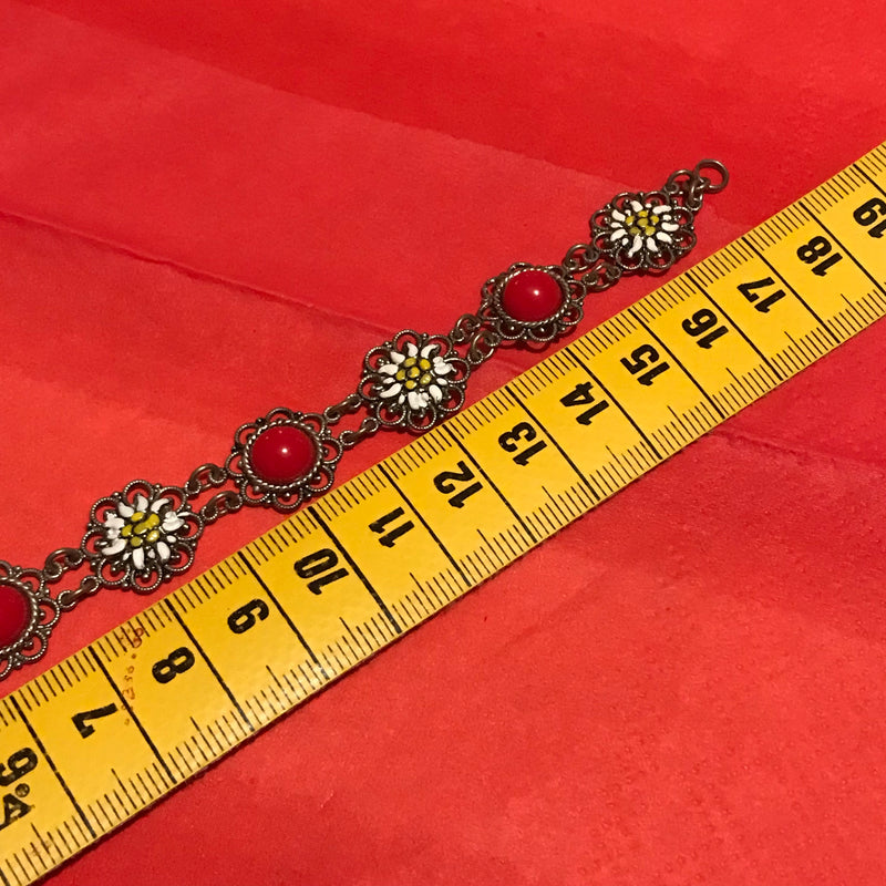 Vintage Trachten ATrachtenarmband Damen – 18 cm, rot/weiß/silber, Edelweiß & Pastesteine, vintagemband Trachtenschmuck Damen