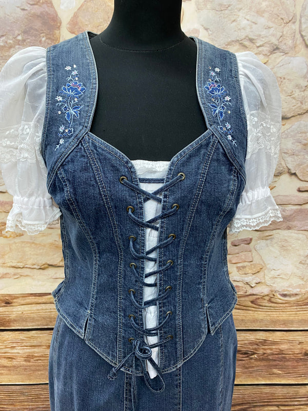 Landhaus-Trachtenzweiteiler Gr. 40 – Denim-Optik in Blau/Weiß