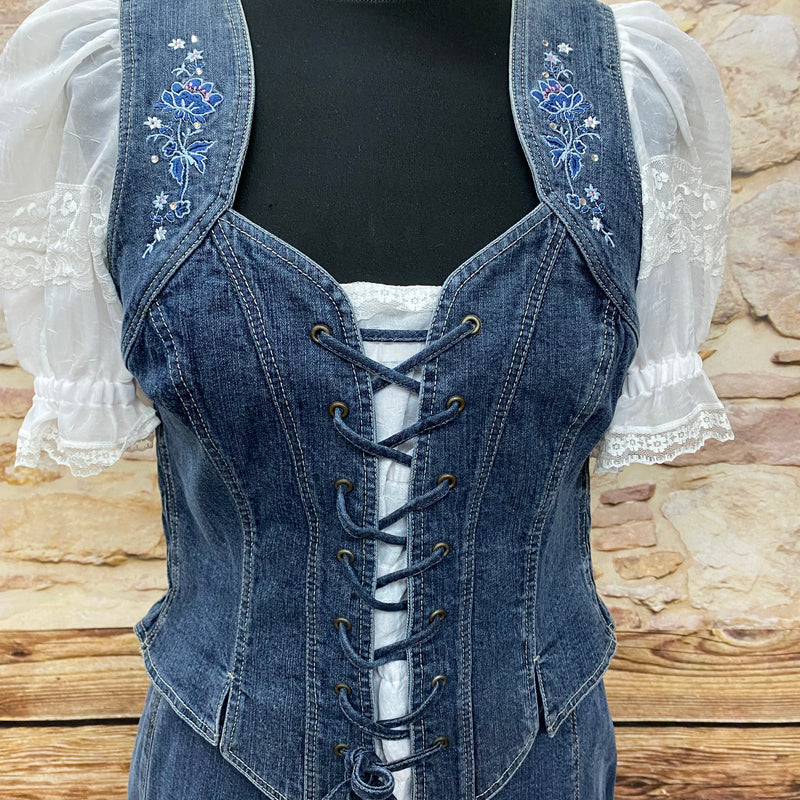 Landhaus-Trachtenzweiteiler Gr. 40 – Denim-Optik in Blau/Weiß