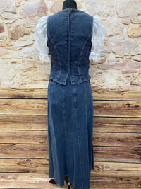 Robe maison de campagne longue, jupe et corsage traditionnel deux pièces jeans taille 40