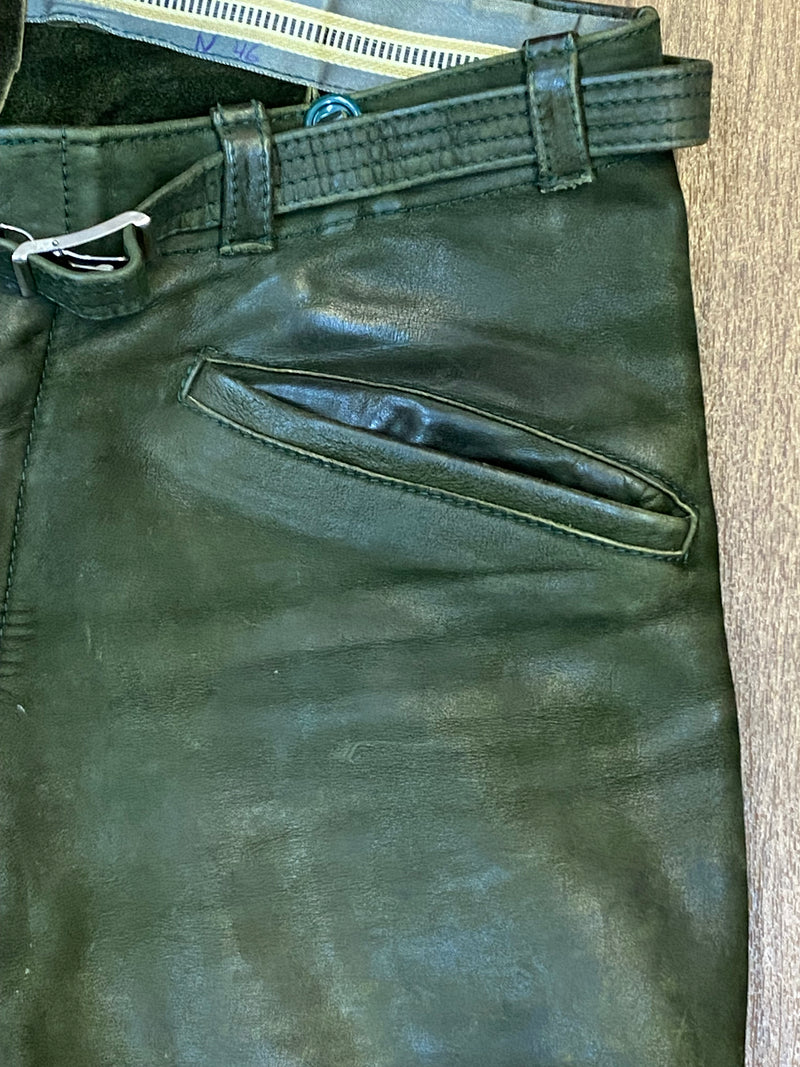 Pantalon en cuir traditionnel vintage jusqu'aux genoux pour homme en ceinture verte 96 cm, taille 52 