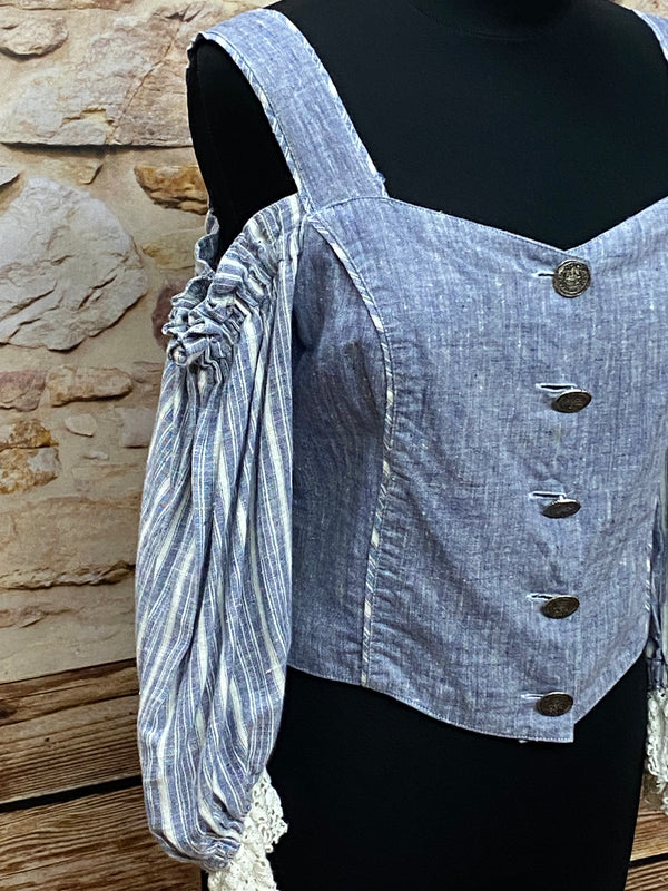Trachtenbluse - Corsagen-Look – Graublau - Größe 40, Ansicht 2