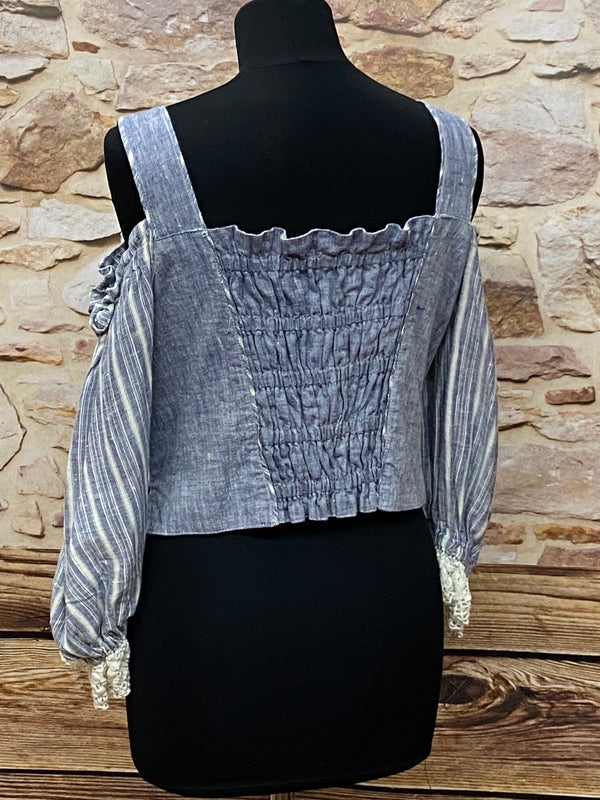Trachtenbluse - Corsagen-Look – Graublau - Größe 40, Ansicht 4