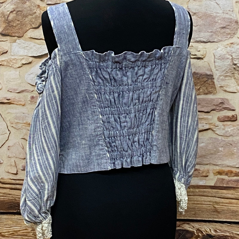 Trachtenbluse - Corsagen-Look – Graublau - Größe 40, Ansicht 4