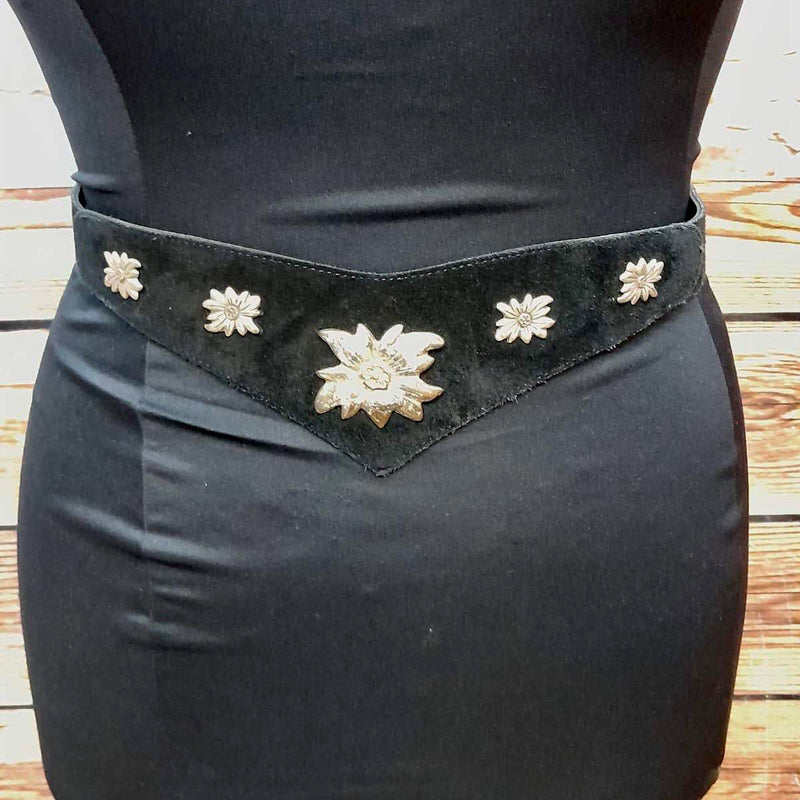 Trachtenledergürtel Damen Schwarz mit Edelweißapplikationen, Gr.XL