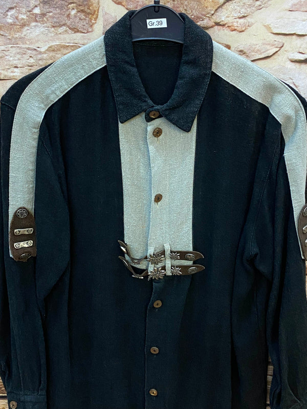 Vintage Trachtenhemd Herren – Schwarz mit Naturweiß – Gr. 39