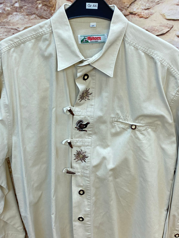 Vintage Trachtenhemd Herren Gr. 44 – hellgrün mit Edelweiß & Hirsch Stickerei, Ansicht 2