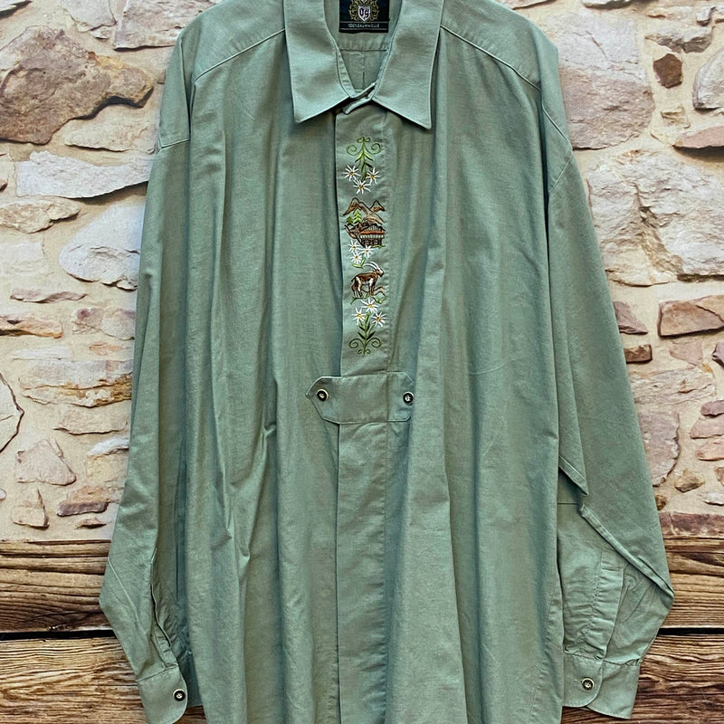 „Trachtenhemd Herren grün mit Alpenmotiv Stickerei Edelweiß Hütte Baumwolle Größe 45“
