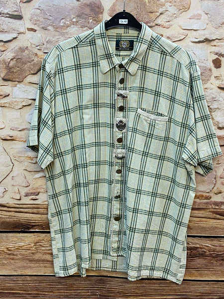 „Trachtenhemd Herren kariert grün beige Vintage mit Zierknöpfen“