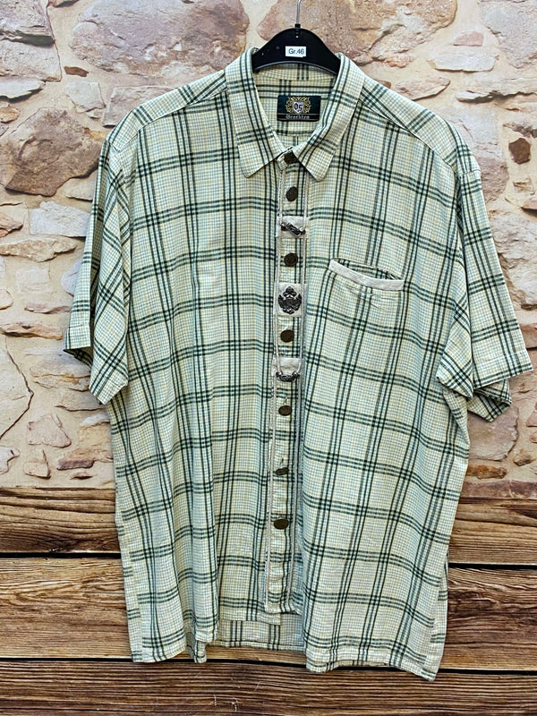 „Trachtenhemd Herren kariert grün beige Vintage mit Zierknöpfen“