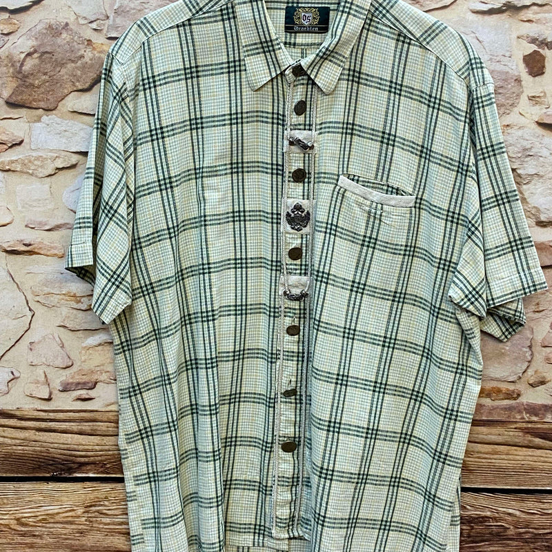 „Trachtenhemd Herren kariert grün beige Vintage mit Zierknöpfen“