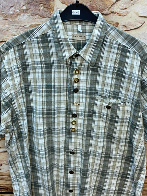 „Vintage Trachtenhemd Herren kariert grün beige kurzarm“