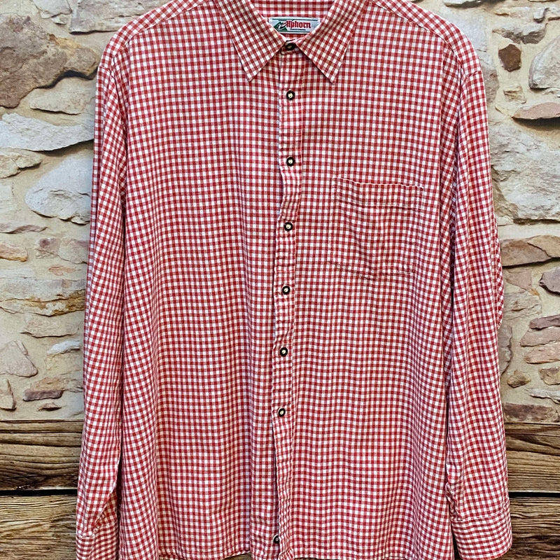 „Vintage Trachtenhemd Alphorn rot weiß kariert Größe 46“