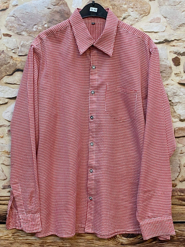 „Vintage Trachtenhemd Herren rot-weiß kariert in Größe 42 XXL aus 100 Prozent Viskose“
