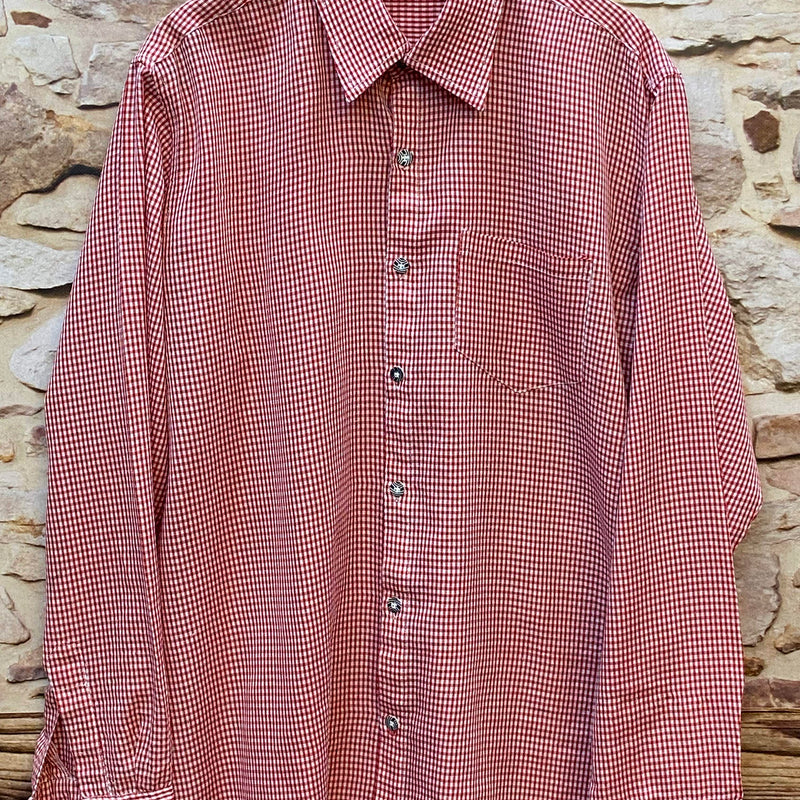 „Vintage Trachtenhemd Herren rot-weiß kariert in Größe 42 XXL aus 100 Prozent Viskose“