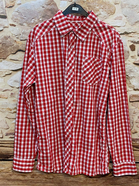 „Vintage Trachtenhemd Herren rot weiß kariert in Größe 46 mit Brusttasche“