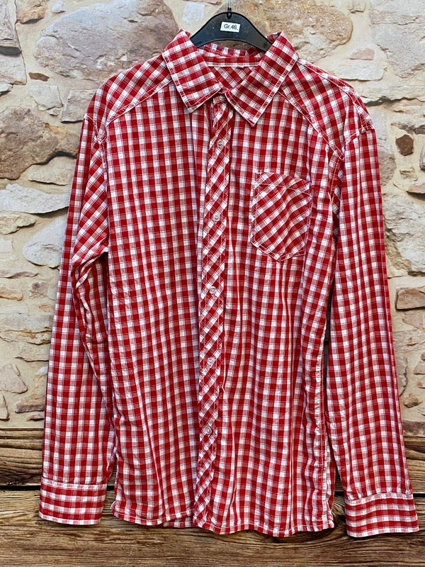 „Vintage Trachtenhemd Herren rot weiß kariert in Größe 46 mit Brusttasche“