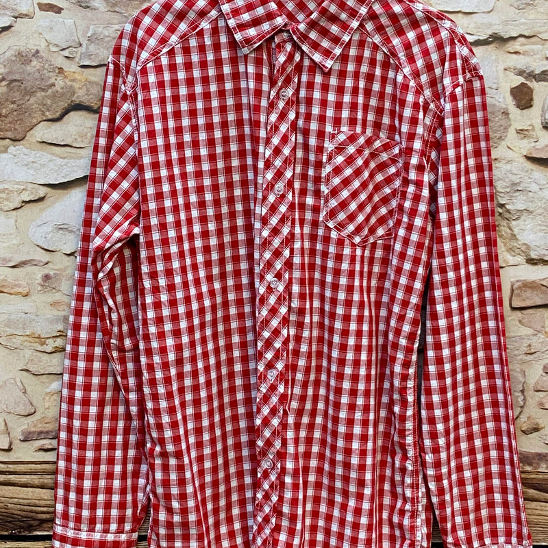 „Vintage Trachtenhemd Herren rot weiß kariert in Größe 46 mit Brusttasche“