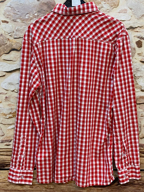 „Rückseite von einem Vintage Trachtenhemd Herren rot weiß kariert Größe 46“