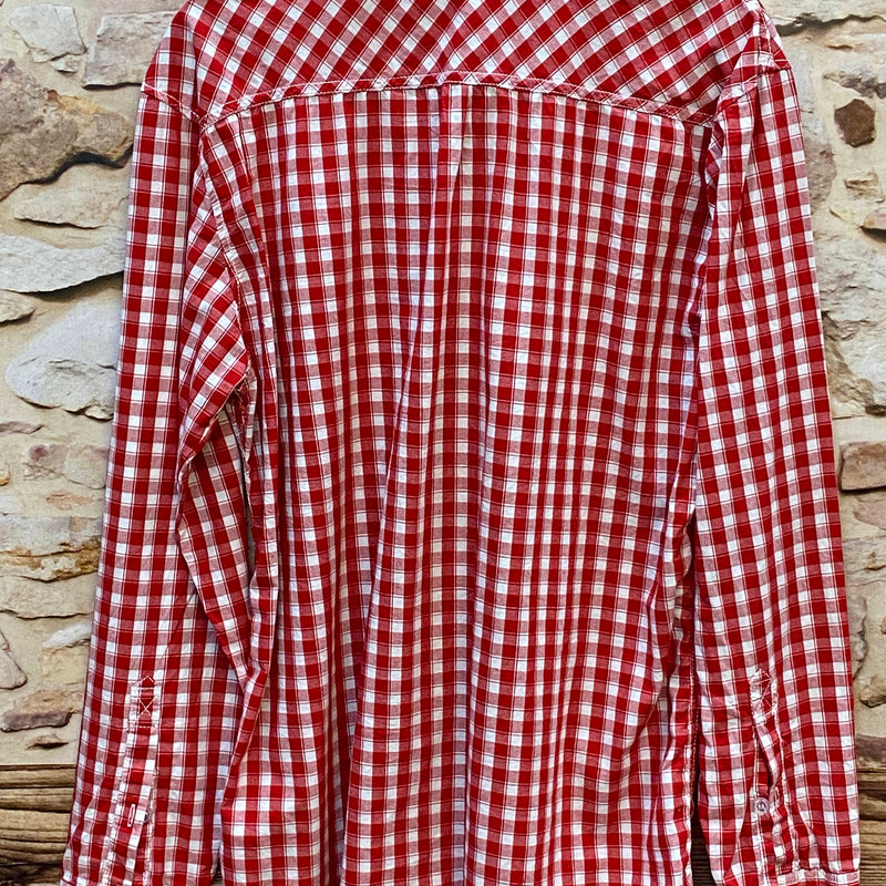 „Rückseite von einem Vintage Trachtenhemd Herren rot weiß kariert Größe 46“
