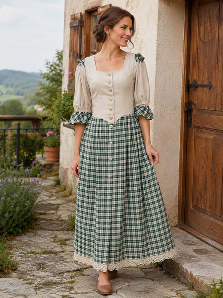 KI-generiert: Damen Trachtenkleid Gr. 38 in Beige und Grün kariert im Landhausstil von C&A am Modell