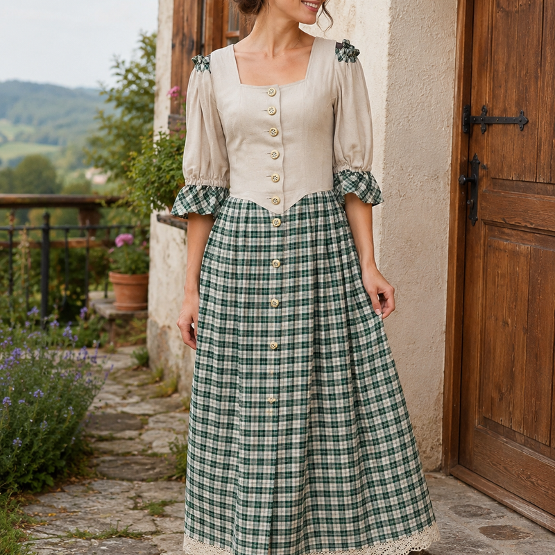 KI-generiert: Damen Trachtenkleid Gr. 38 in Beige und Grün kariert im Landhausstil von C&A am Modell