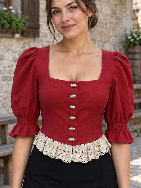 Vintage Trachtenoberteil mit Spitze – Rot, Größe 34