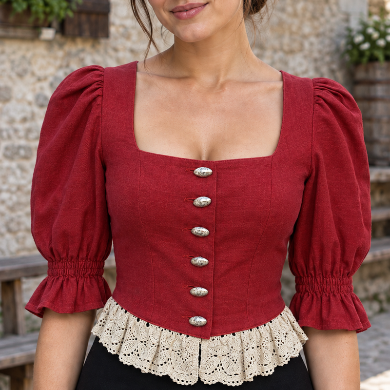 Vintage Trachtenoberteil mit Spitze – Rot, Größe 34