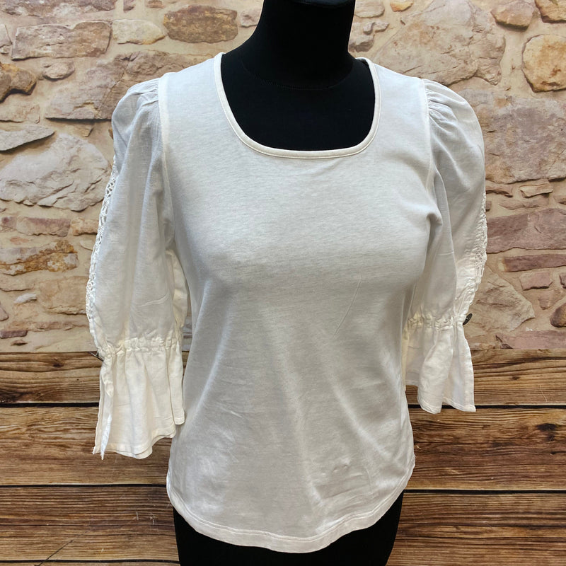 „Cremefarbenes Trachtenshirt Damen mit Puffärmeln Gr. 38“