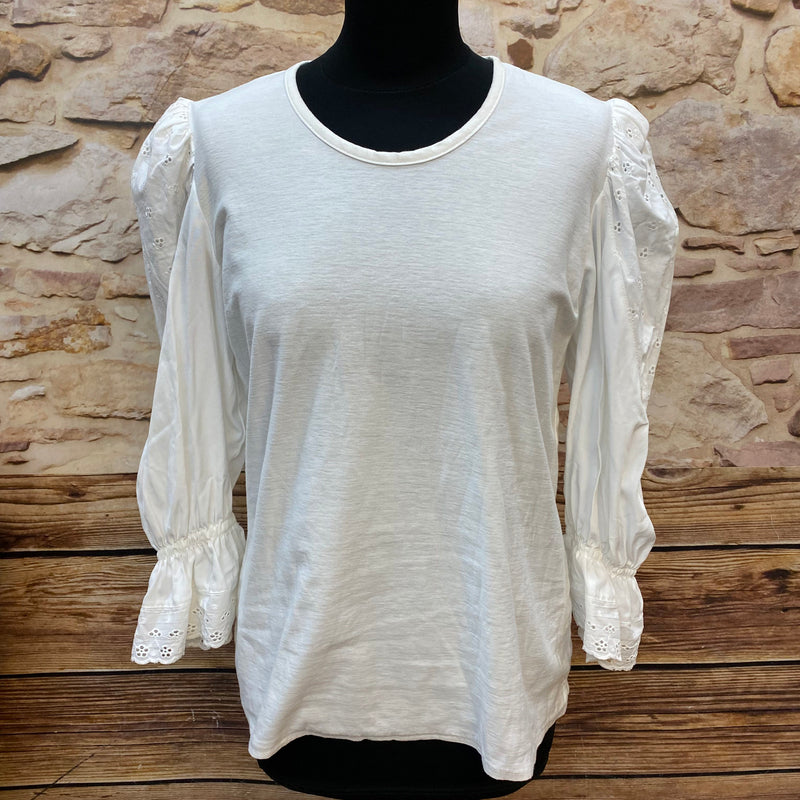 „Weißes Trachtenshirt Damen mit Puffärmeln und Spitze Gr. 38“