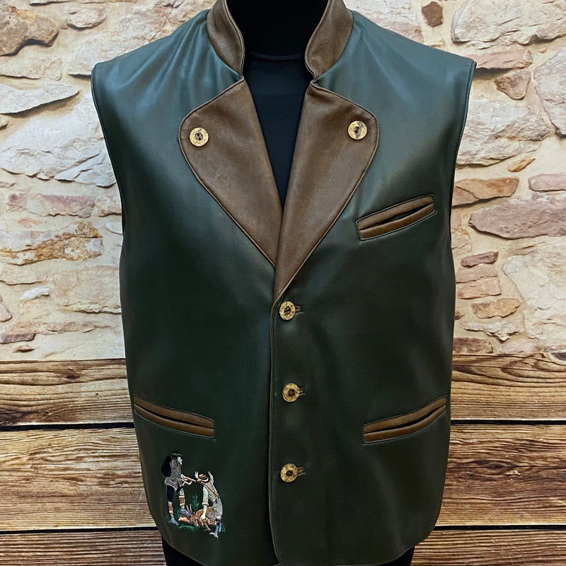 „Grüne Trachtenweste Herren Lederlook mit Stickerei vorne“