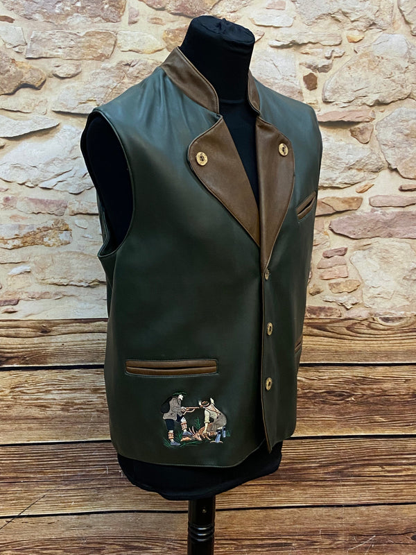 „Trachtenweste dunkelgrün Herren seitliche Ansicht mit braunen Details“
