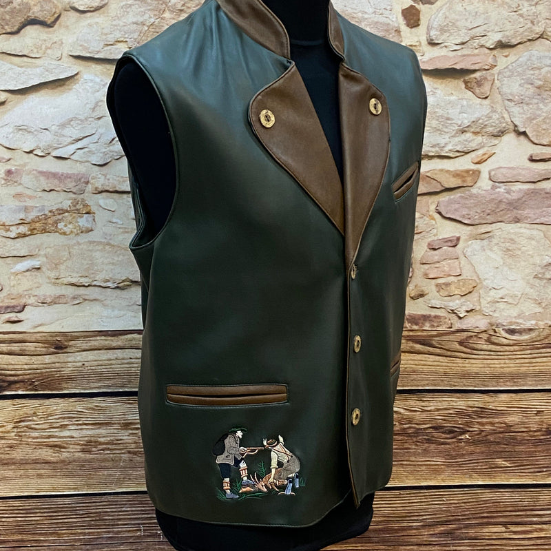 „Trachtenweste dunkelgrün Herren seitliche Ansicht mit braunen Details“