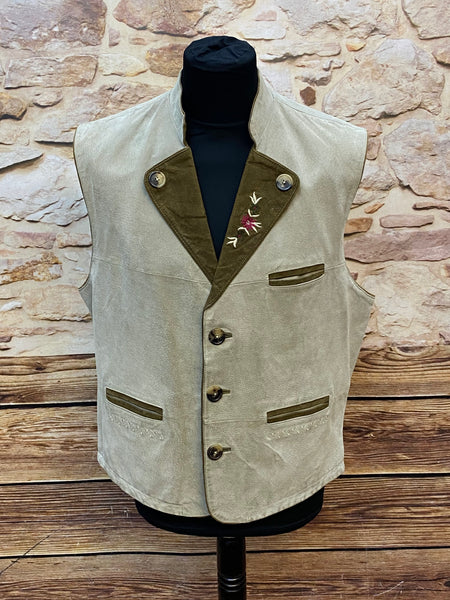 Vintage Trachtenweste Leder Beige mit Stickerei – Gr. 52