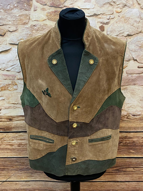 „Vintage Trachtenweste Herren aus Veloursleder in Braun Grün mit Trachtenknöpfen“