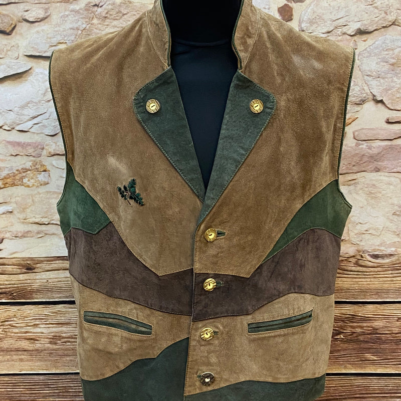„Vintage Trachtenweste Herren aus Veloursleder in Braun Grün mit Trachtenknöpfen“