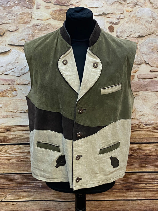 „Vintage Trachtenweste Herren aus echtem Leder in Grün Beige Patchwork Stil“