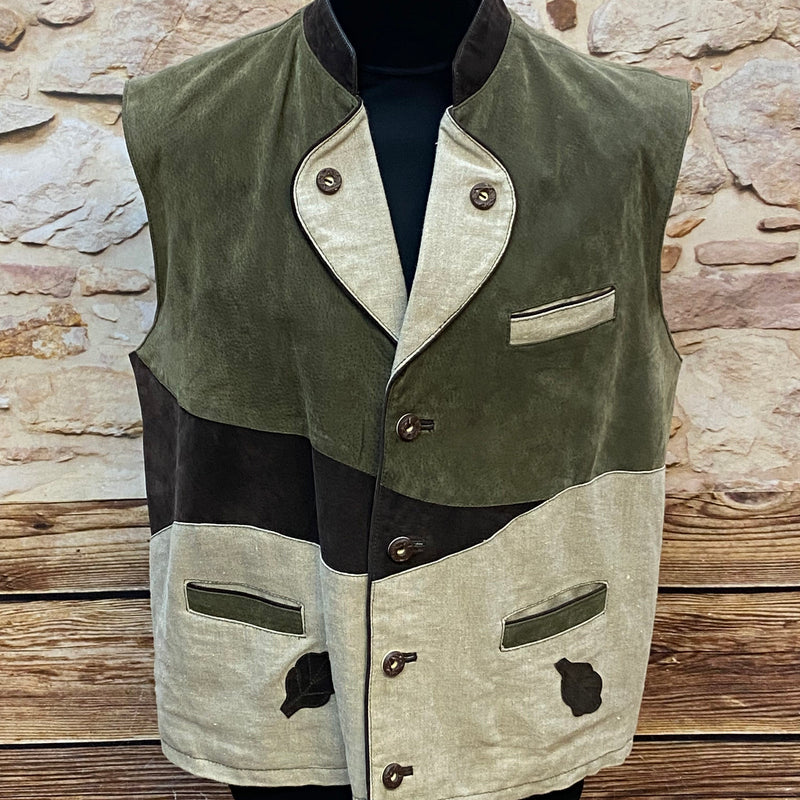 „Vintage Trachtenweste Herren aus echtem Leder in Grün Beige Patchwork Stil“