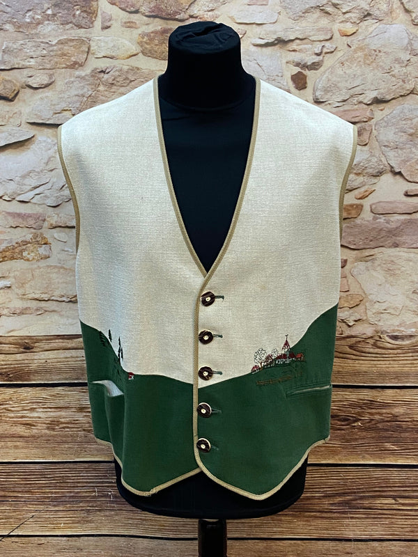 „Vintage Trachtenweste Herren Althorn beige grün mit Stickerei klassische Trachtenmode“