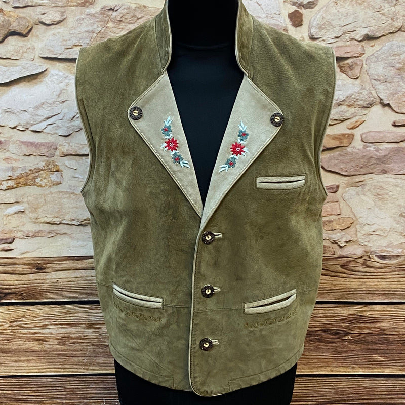 „Trachtenweste Herren grün echtes Leder mit Stickerei vorne“